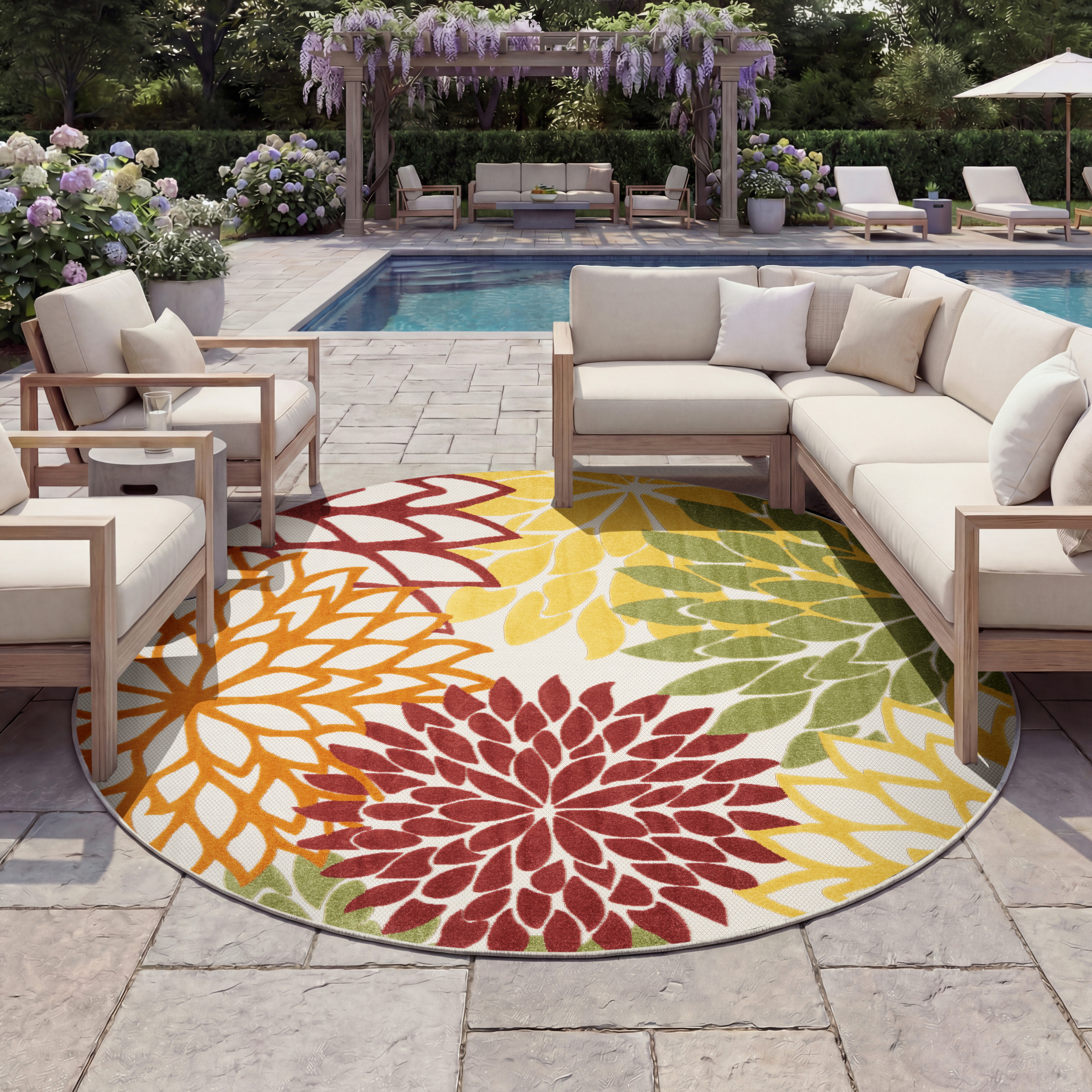 Nourison Aloha 7'10" x Round Red Multicolor Tropical Rug