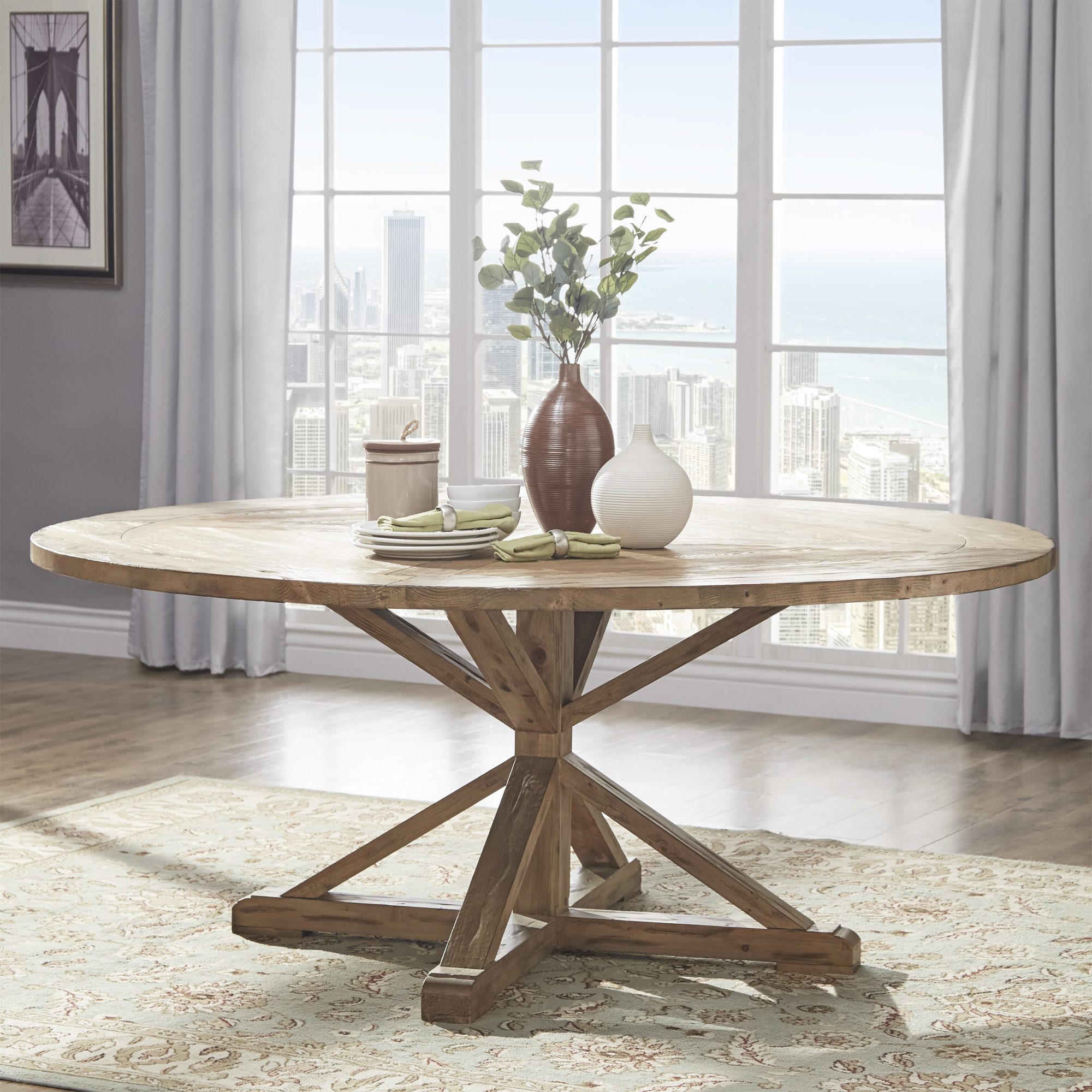 Rustic X-Base Round Pine Wood Dining Table