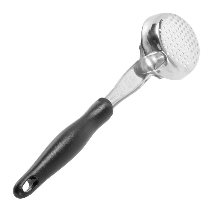 4-ounce one-piece heavy-duty stainless steel perforated round bowl Spoodle® utensil with black nylon handle