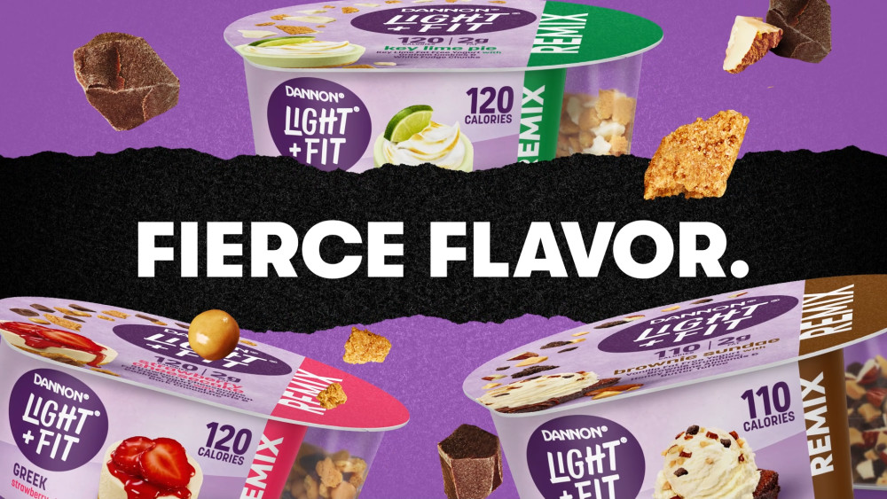 thumbnail video image 2 of Light + Fit REMIX Brownie Sundae Vanilla Fat Free Greek Yogurt Cups with Brownie Crumbles, Honey Praline Almonds and Butter Toffee Mix-Ins, 4.5 OZ, 2 of 14