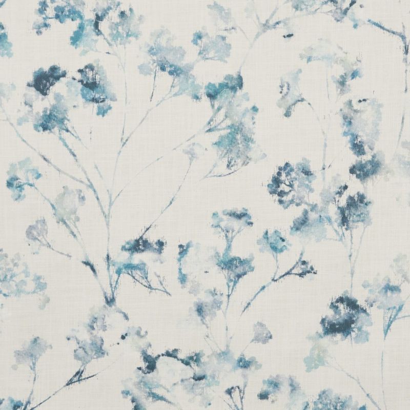 Light linen-like fabric with blue watercolor floral print â€” softly printed over a white background â€” creating a delicate, airy botanical pattern suitable for curtains or wallpaper.