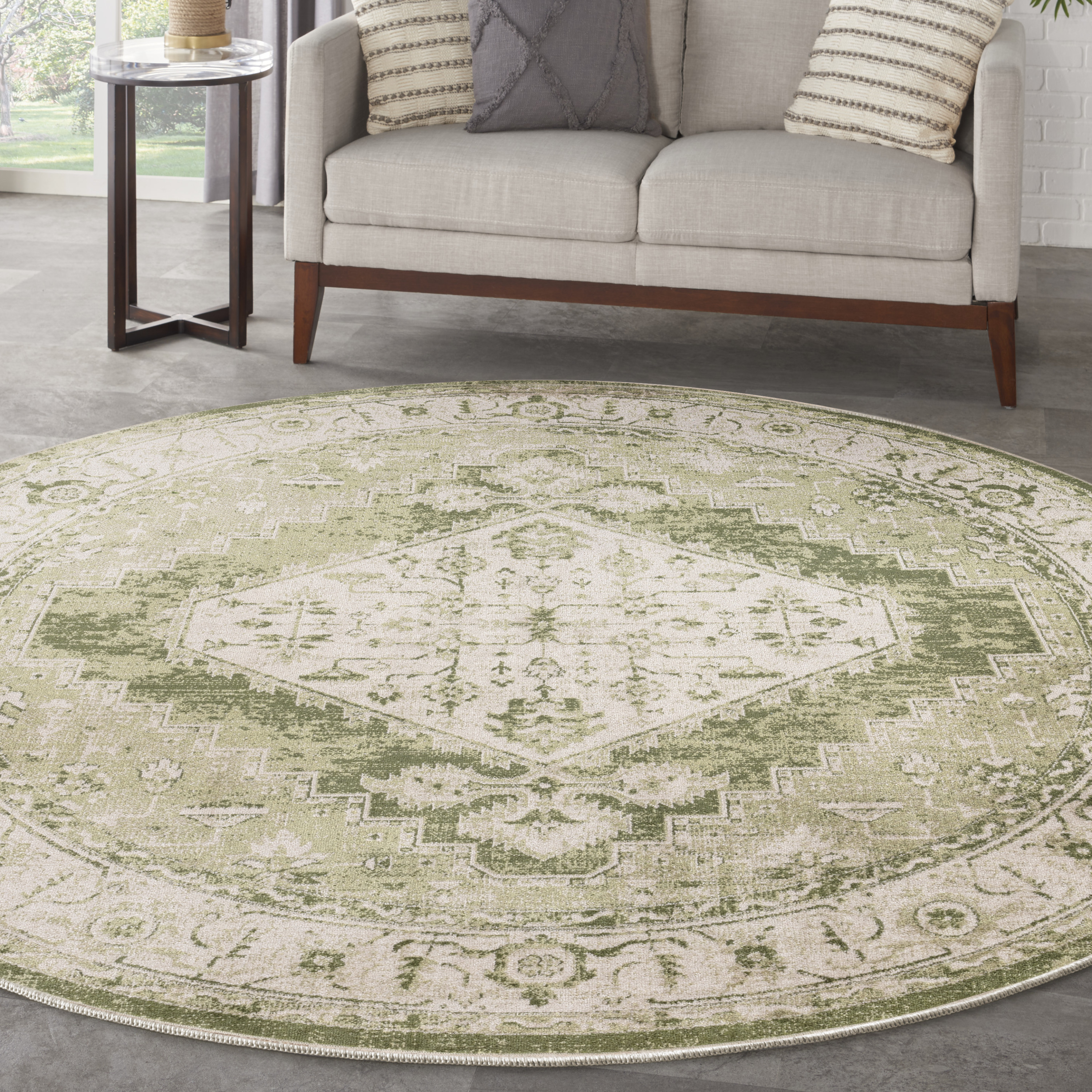 Nourison Astra Machine Washable 7'10" x Round Ivory Green Vintage Indoor Rug
