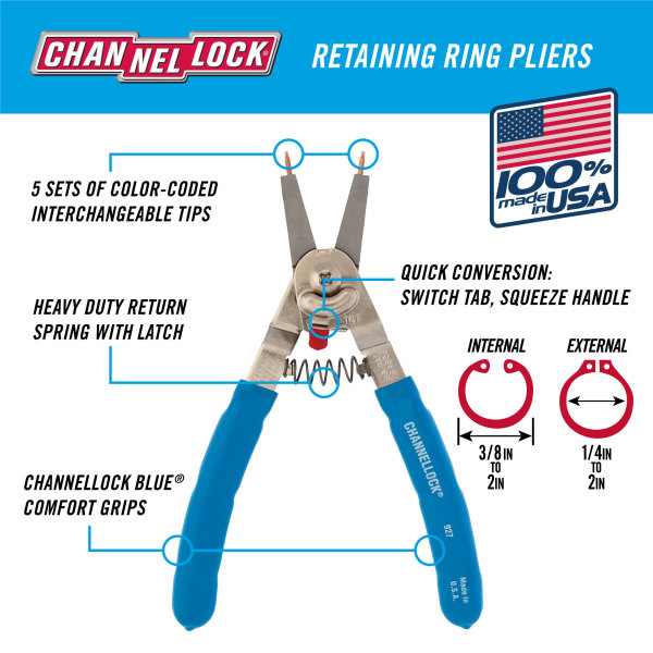 Channellock 927 8" Snap Retaining Ring Pliers Made In USA - Foto 11