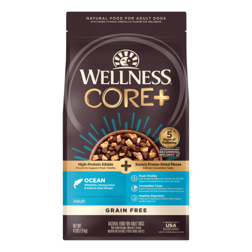 Wellness CORE+ Grain Free Ocean Whitefish, Herring Meal & Salmon Meal Front packaging