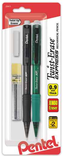 Pentel Twist-Erase Express Mechanical Pencil (0.9mm) Assorted Barrels (with lead & erasers) 2 pack