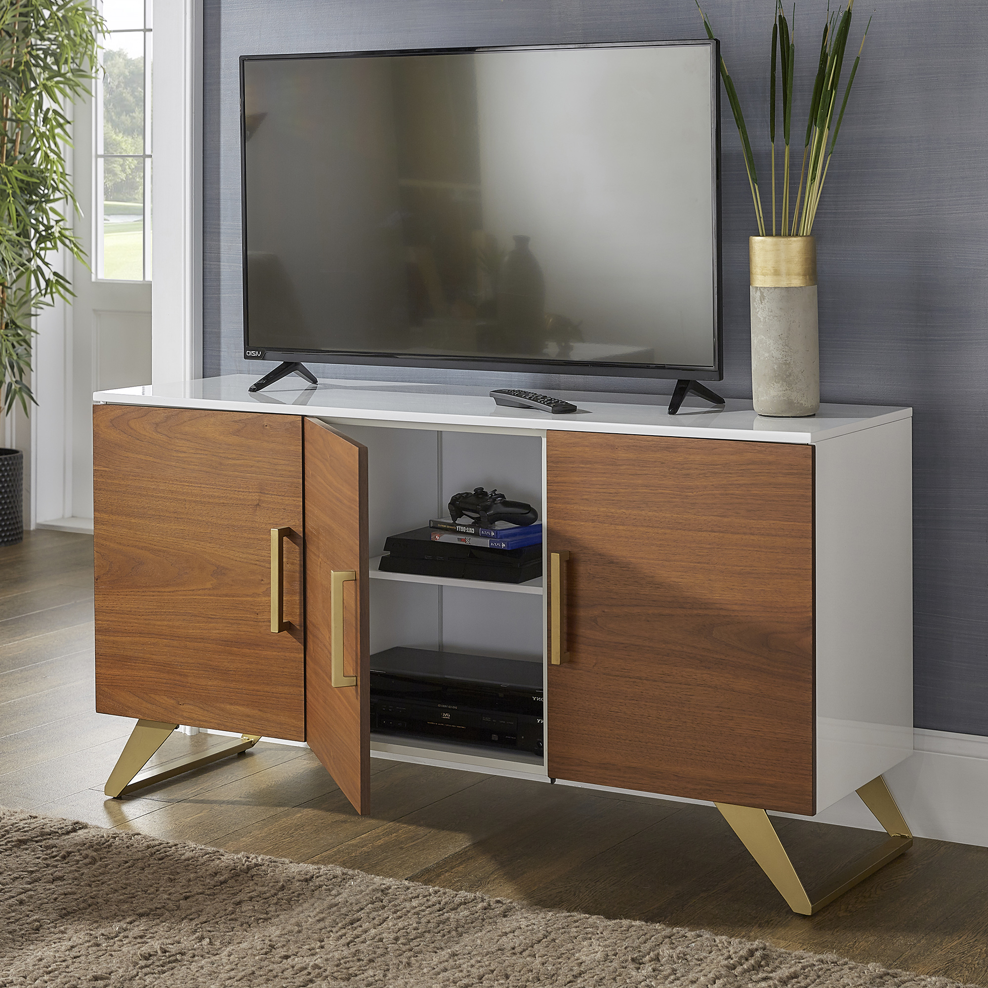 Two-Tone High Gloss White and Walnut Finish 3-Door TV Stand