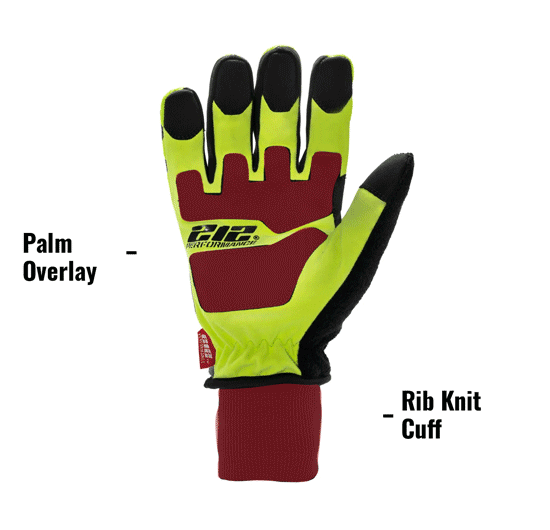 Waterproof Fleece Lined Impact and ANSI A3 Cut Resistant Tundra Winter Work Gloves in Black THIMWC3 showing Palm Overlay with Cut Resistant Lining and Rib Knit Cuff