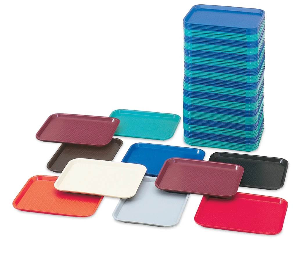 Vollrath 86101 polypropylene fast food trays in multiple colors including brown, red, orange, teal, blue, black, and almond, displayed on white background