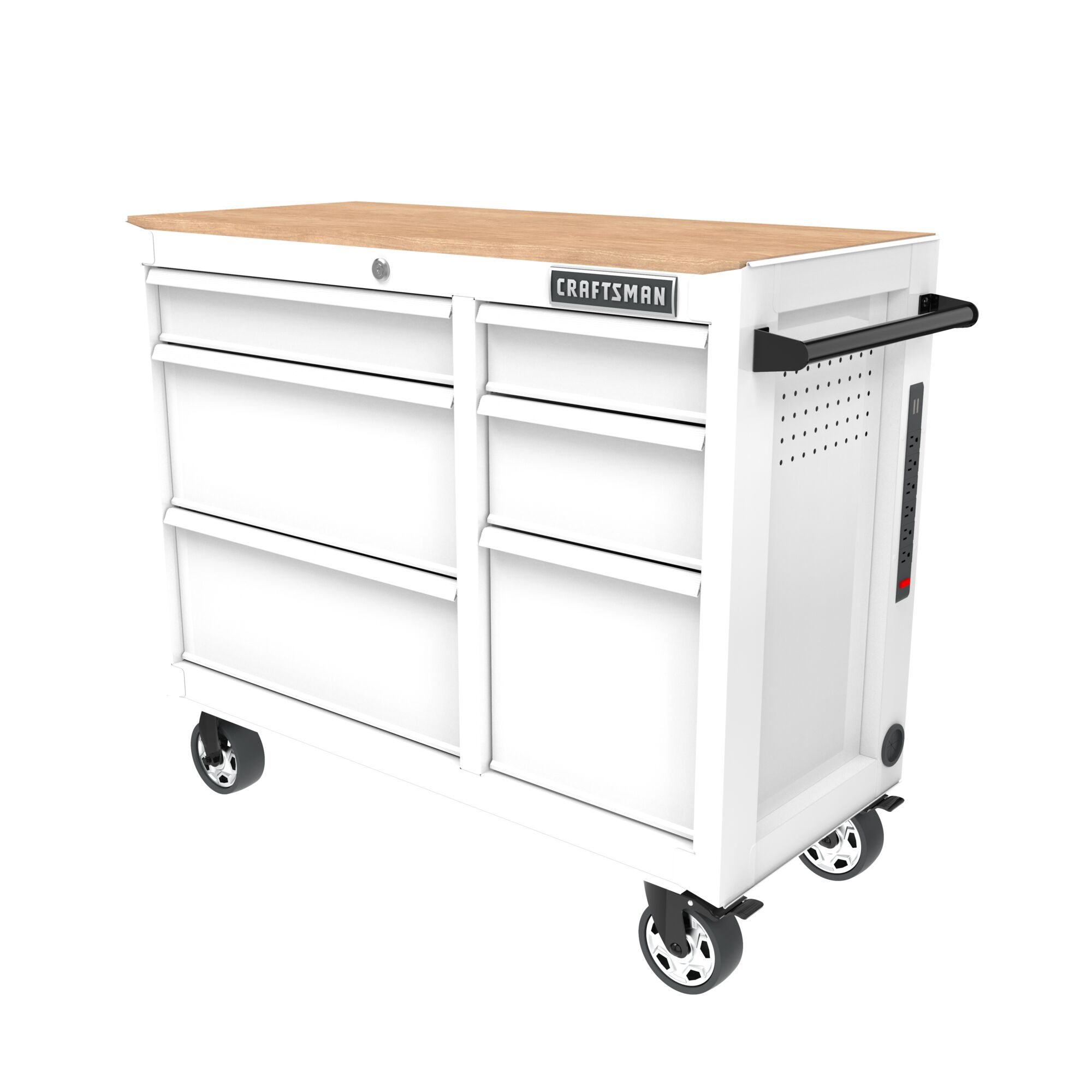 All-white CRAFTSMAN S2000 Series 41-inch wide 6-drawer workstation with wood top, at 3/4 turn to left
