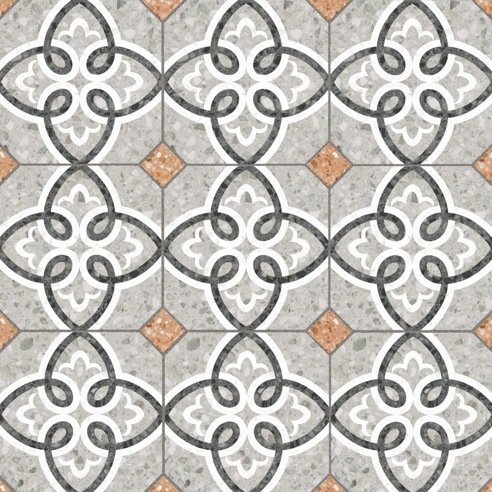 Riviera Octagon Garde Gris with Taco Rojizo 7-7/8 in. x 7-7/8 in. Porcelain Floor and Wall Tile