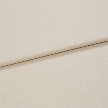 Beige woven curtain-like fabric panel with a clean horizontal fold (overlapping layer); lying flat on a neutral surface; close-up, soft diffuse lighting.