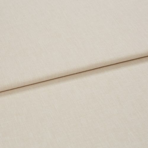 Beige woven curtain-like fabric panel with a clean horizontal fold (overlapping layer); lying flat on a neutral surface; close-up, soft diffuse lighting.