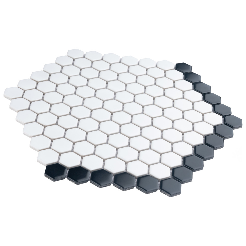 Sample – Metro Geo 1″ Hex Matte White w/Black Edge Porcelain Mosaic Tile