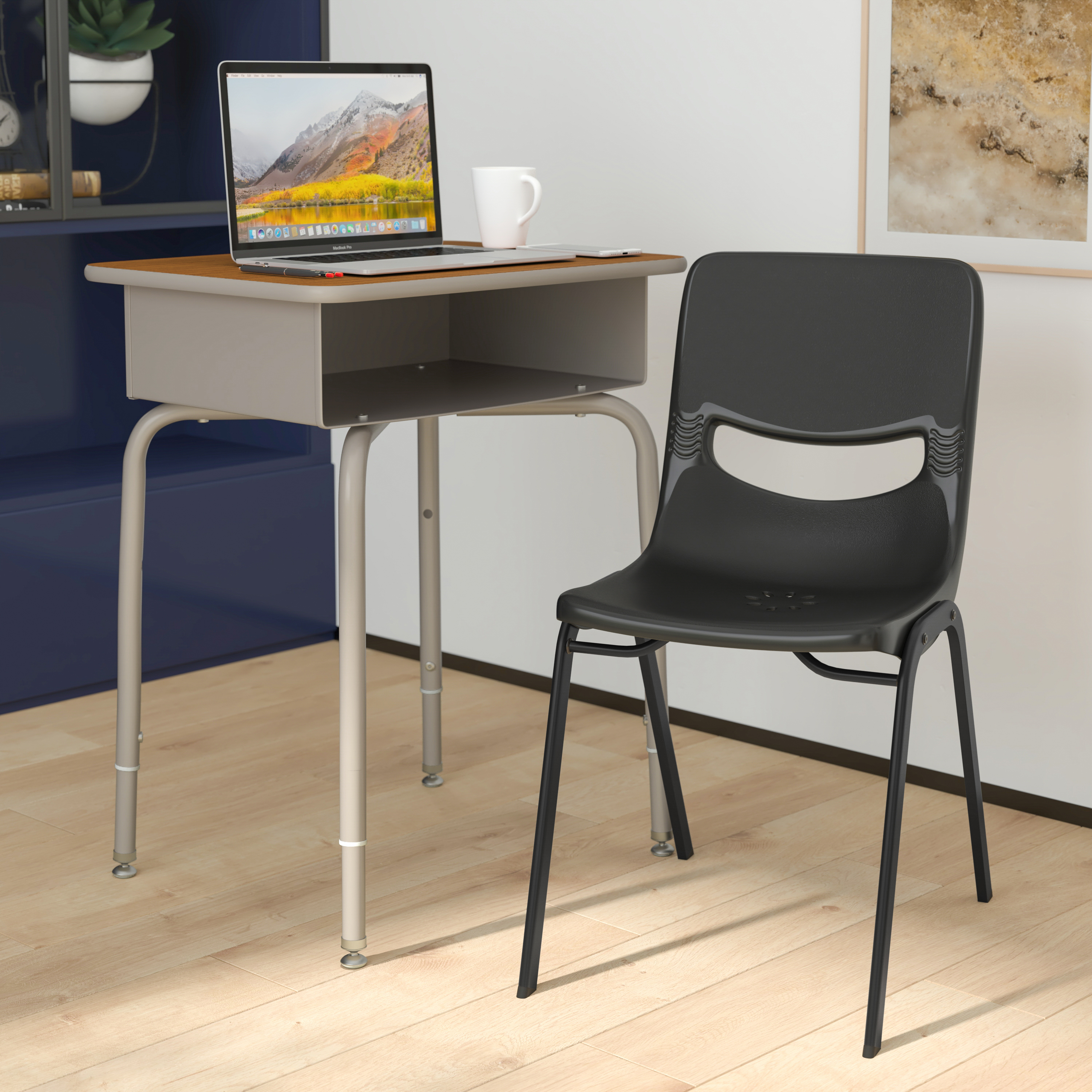 Jacobs Desk/Chair Set with Metal Open Front Storage Box, Gray Granite Desktop...