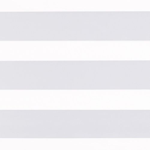 Horizontal zebra roller blind with alternating opaque white and translucent lightâ€‘gray bands; aligned to partially overlap, filtering diffuse daylight across a bright, neutral interior wall.