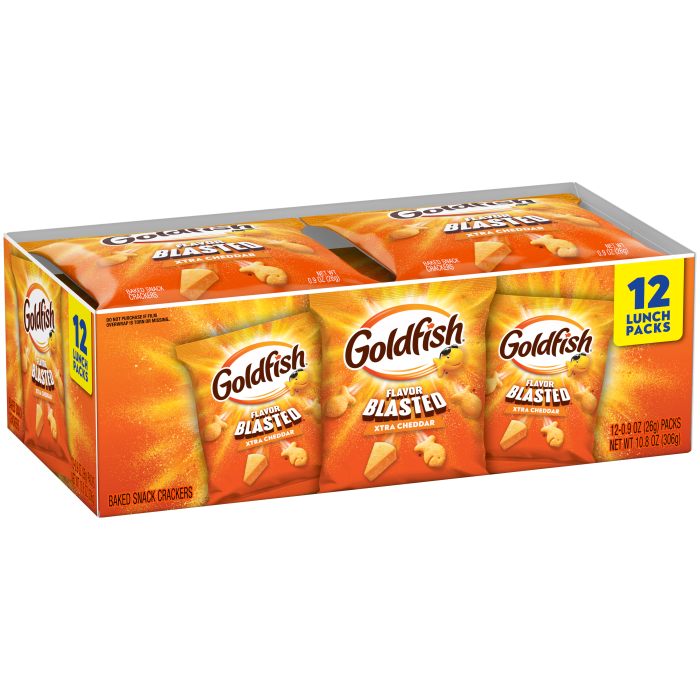 Goldfish® Xtra Cheddar Crackers, 12 count box, 0.9 oz, bag - Left Angle Image