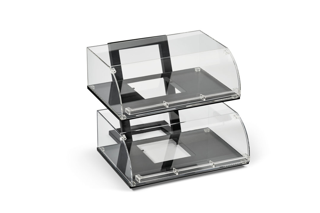 Two-tier cubic modular angled stand with shelves