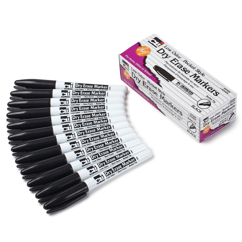 Dry+Erase+Markers%2C+Pocket+Style%2C+Bullet+Tip%2C+Black%2C+Pack+of+12