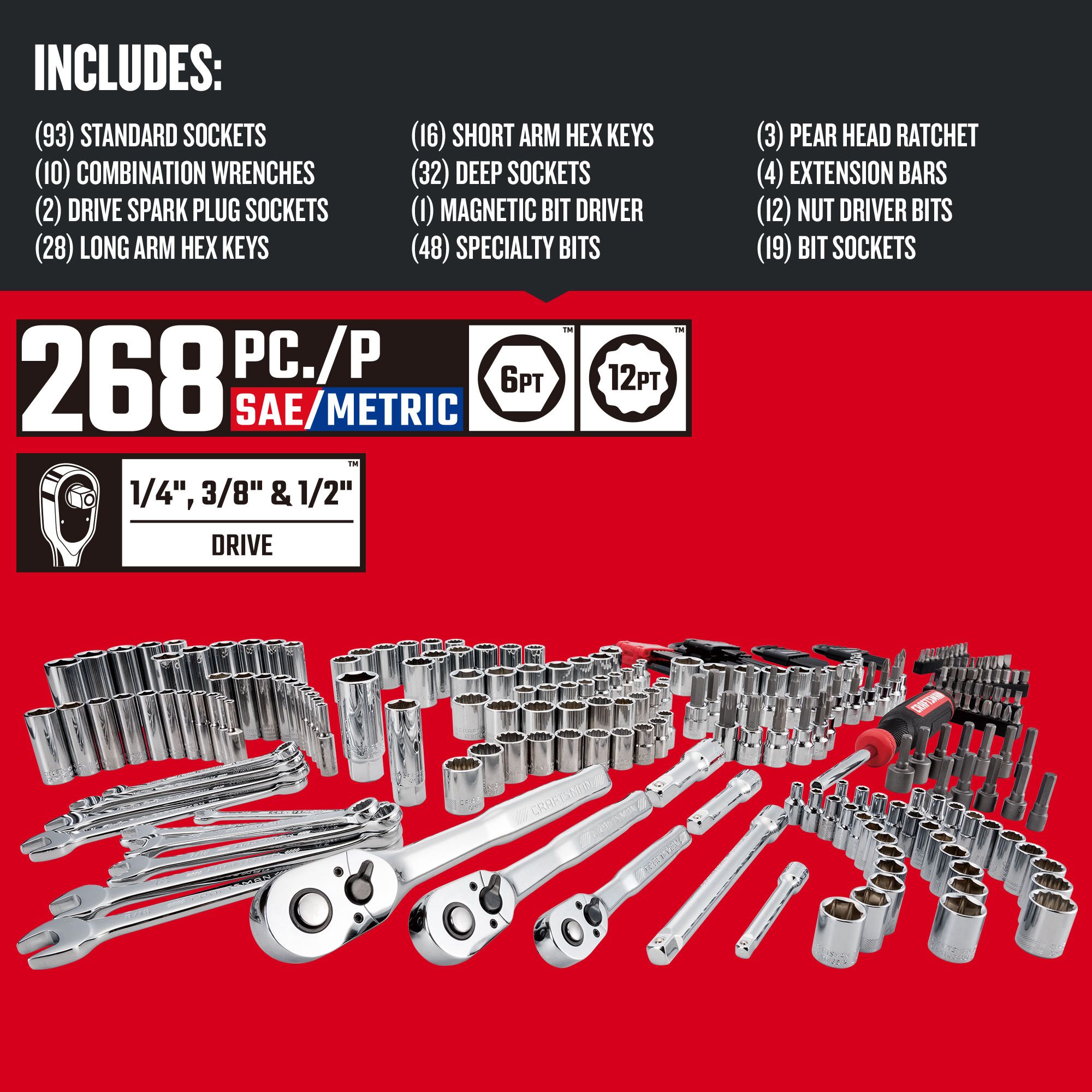 Graphic of CRAFTSMAN Mechanics Tool Set highlighting product features