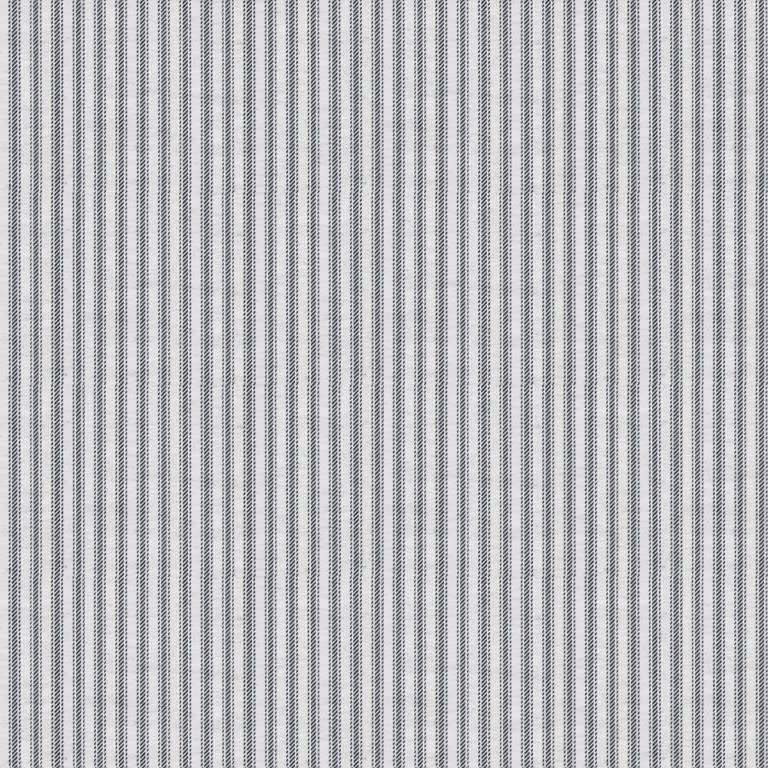 Narrow black dashed vertical-striped fabric, hanging flat and filling the frame; repeating pinstripe pattern on white background, close-up showing textile weave under even, diffuse light.