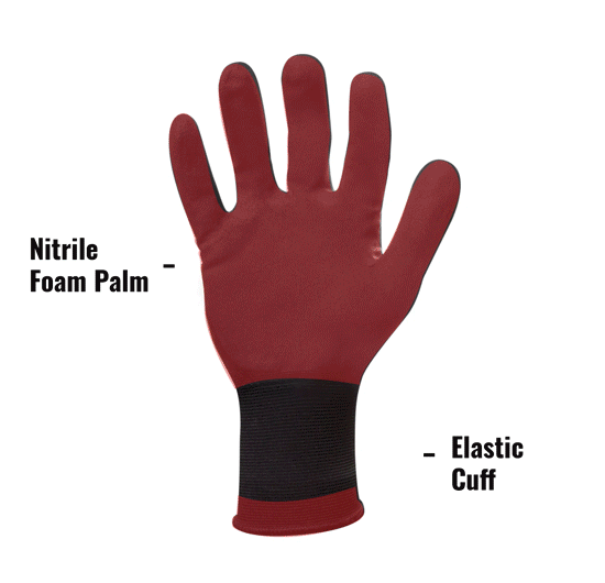 AX360 Grip Lite Nitrile-dipped Work Gloves in Black and Blue AXGLT-05 showing Nitrile Foam Palm and Elastic Cuff