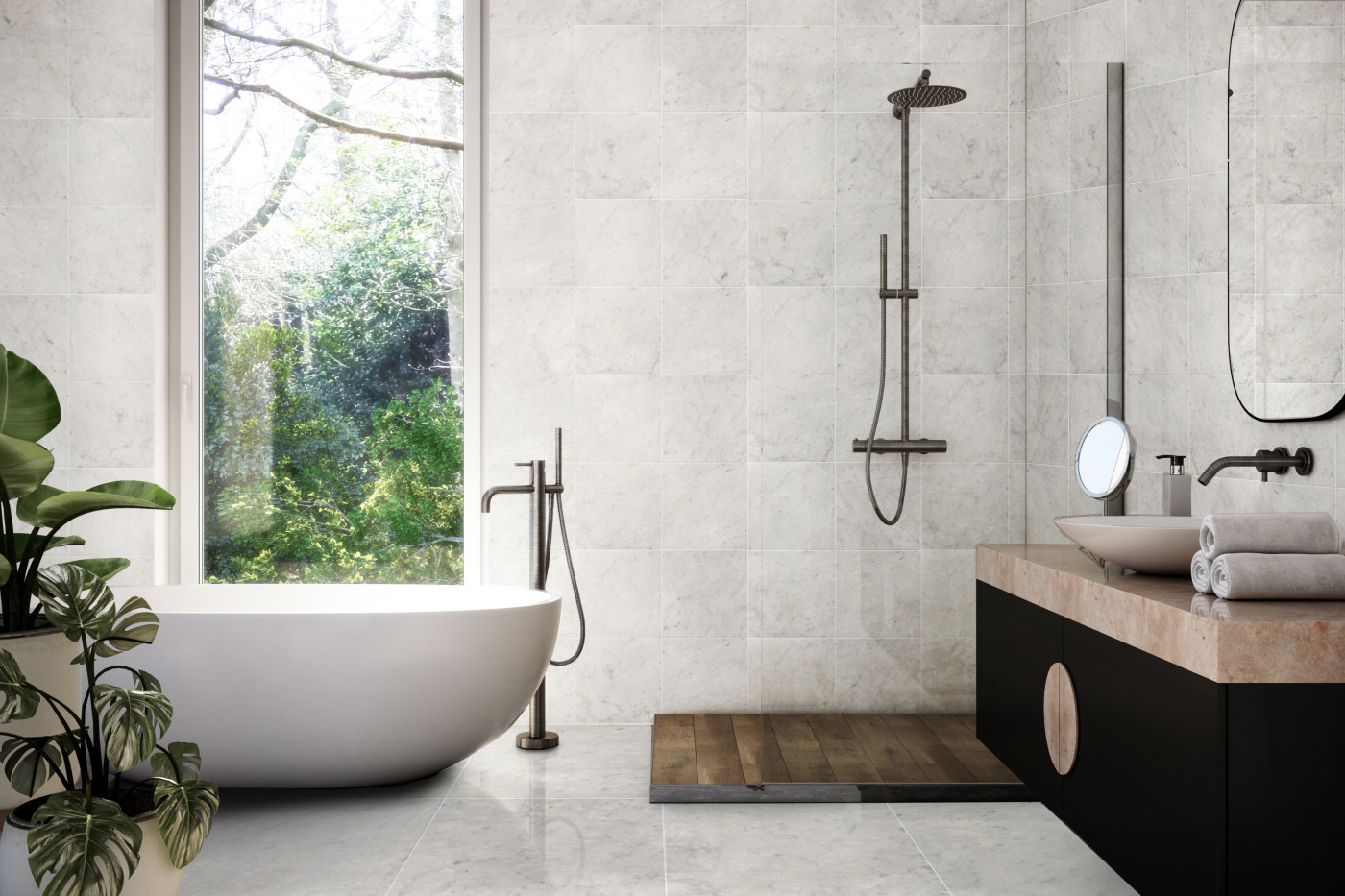 a modern bathroom with white walls and a tub.