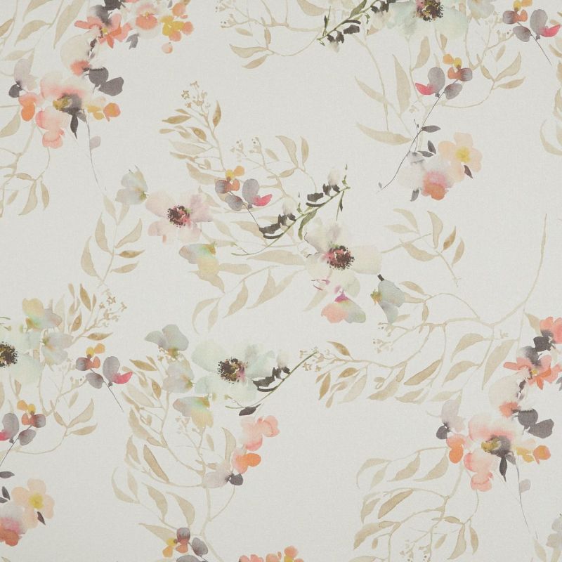 Watercolor floral wallpaper repeats across a soft cream background, pale pink, peach and mint flowers with beige leafy vines, creating an airy, subtle botanical pattern.