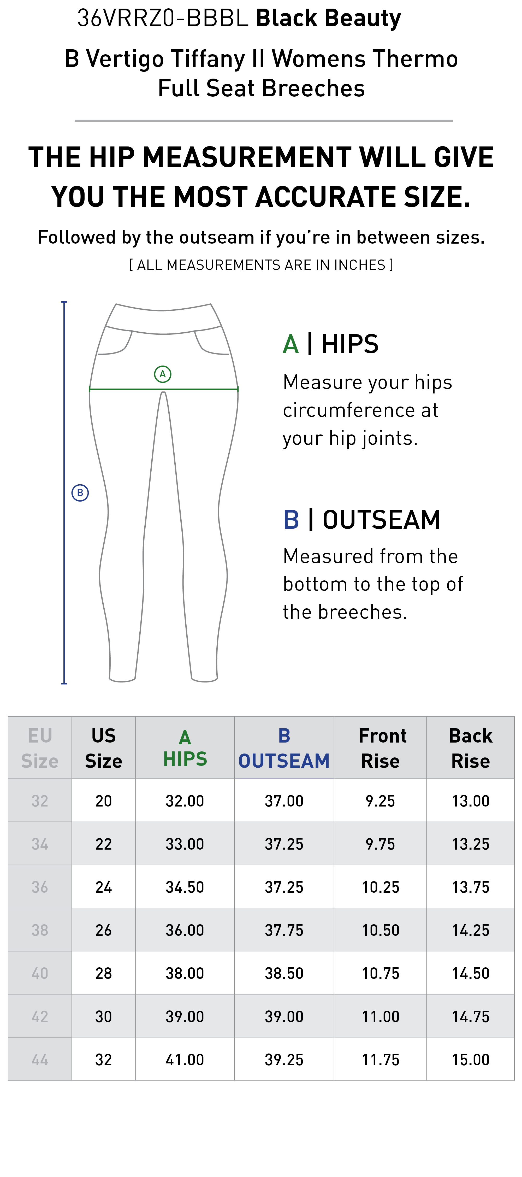 Size chart for B Vertigo Tiffany II Womens Thermo Full Seat Breeches - Black Beauty