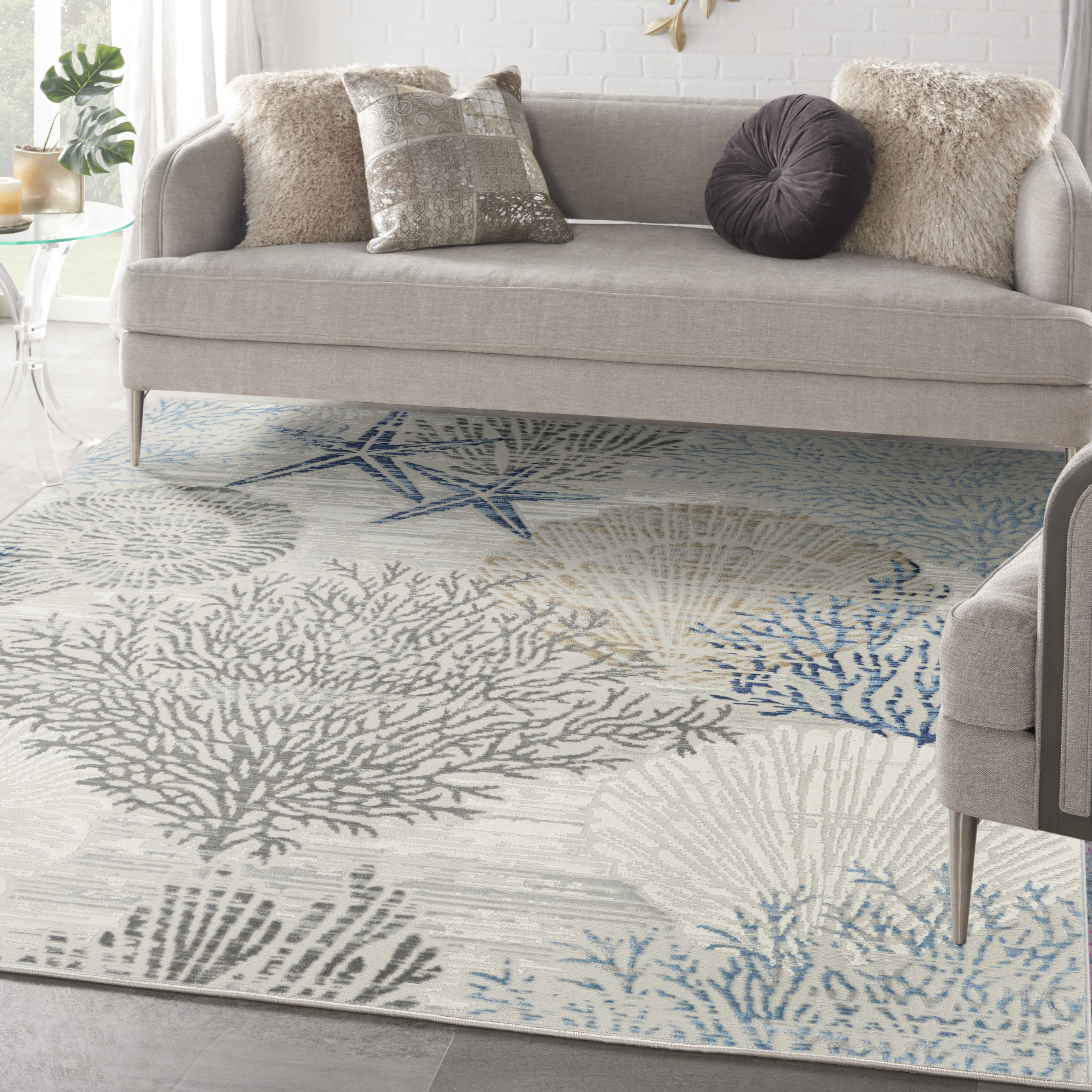 Nourison Seaside 7'10" x Square Ivory Grey Blue Coastal, Nautical & Beach Indoor Rug