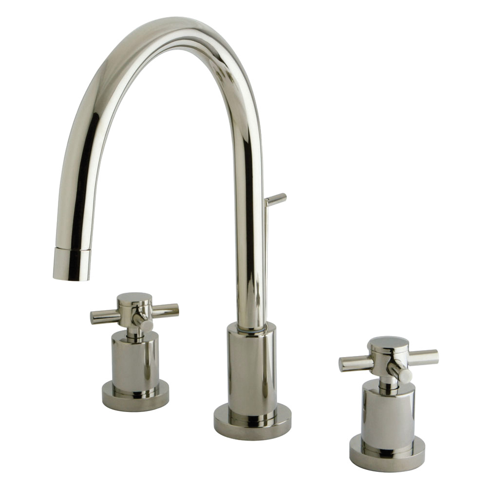 Two-Handle 3-Hole Deck Mount Widespread Bathroom Faucet with Brass Pop-Up, Polished Nickel with 3 Finish Options