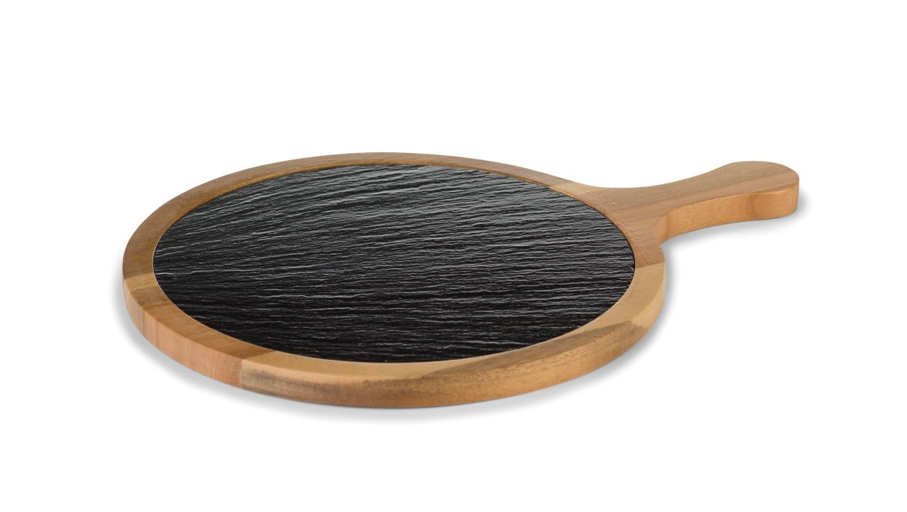 Round black slate serving board 21 cm and acacia wood with handle