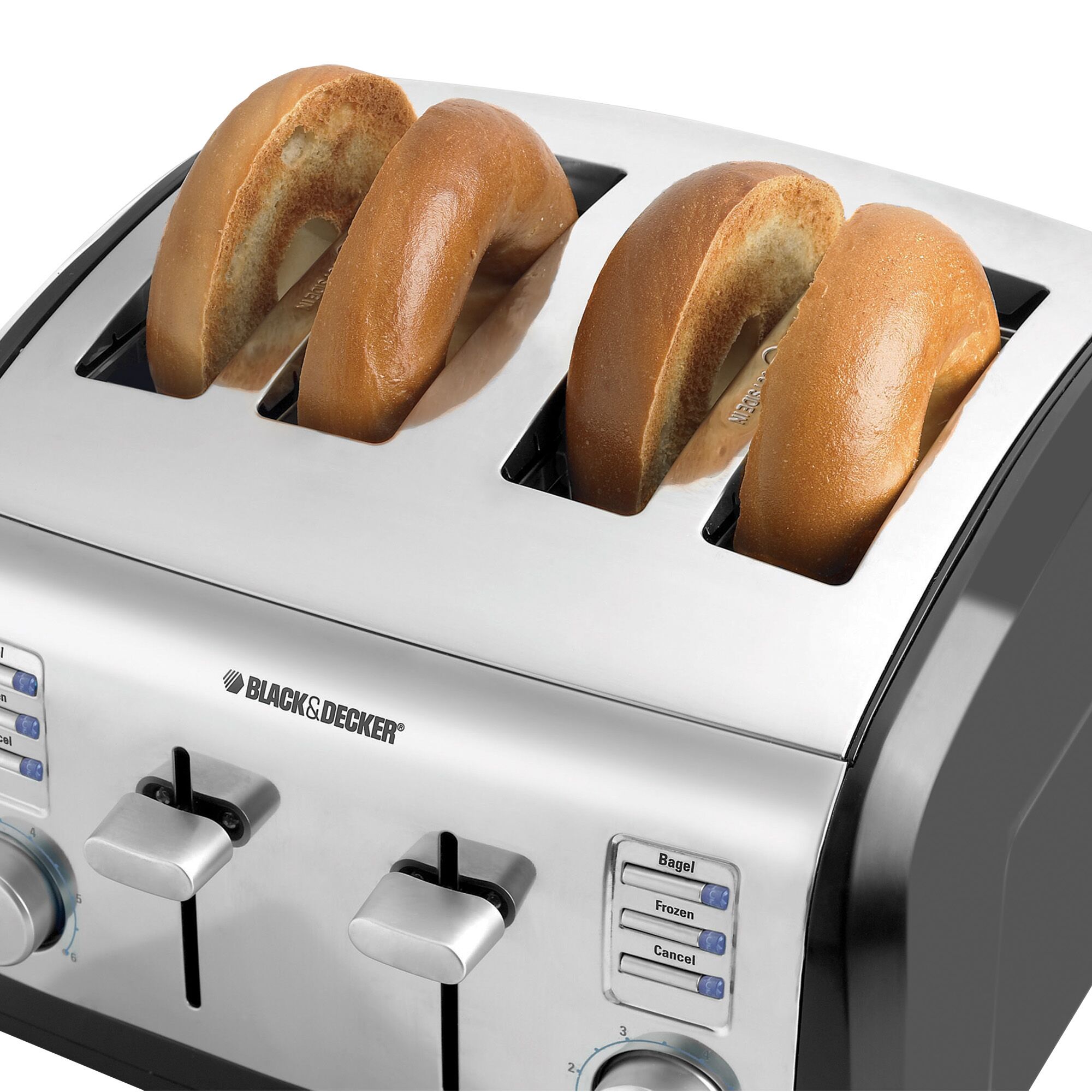 4-Slice Toaster with 4 slices of bagels one in each of the toaster slots