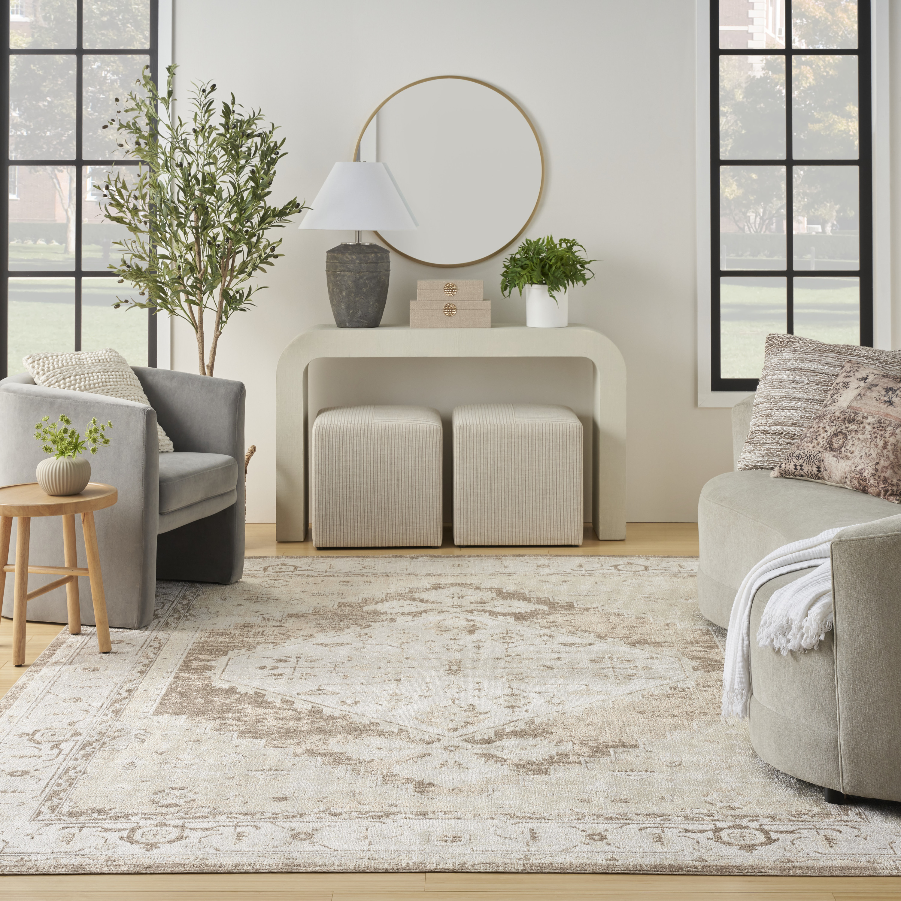 Nourison Astra Machine Washable 6'7" x 9' Beige Vintage Indoor Rug