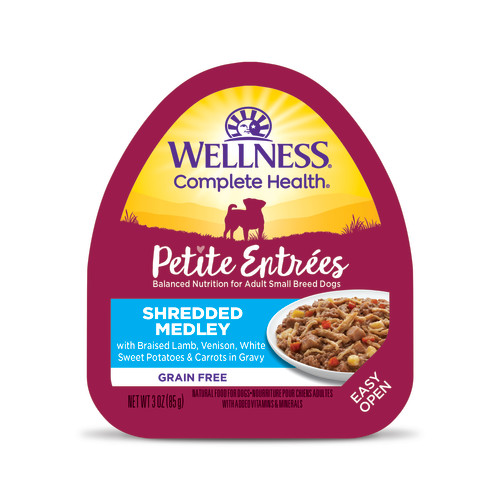 Wellness Complete Health Petite Entrées Shredded Medley Braised Lamb, Venison, White Sweet Potatoes & Carrots Front packaging