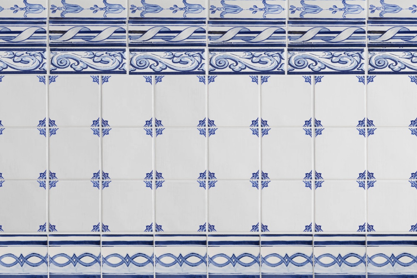 blue and white tiles with decorative designs.