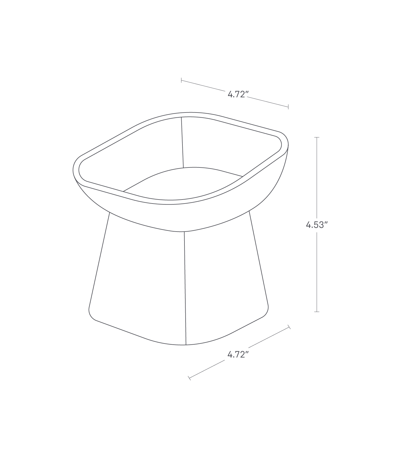 Dimension image for Tilted Pet Food Bowl showing dimensions: top width 4.72", bottom width 4.72", height 4.53