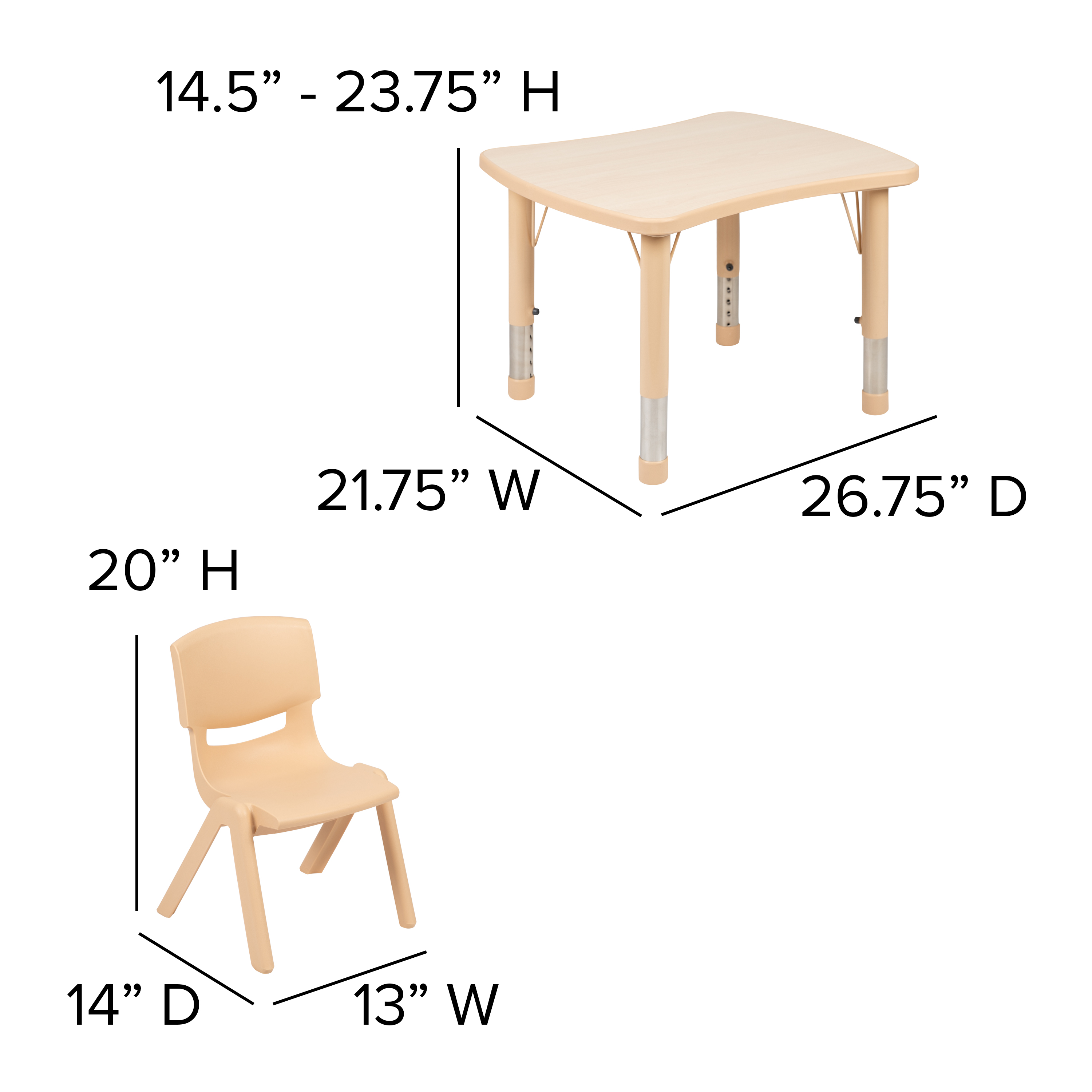 21,875" B x 26,625" L Rechteck Natur Kunststoff Aktivität Tisch Set mit 4 Stühlen - Bild 9 von 13