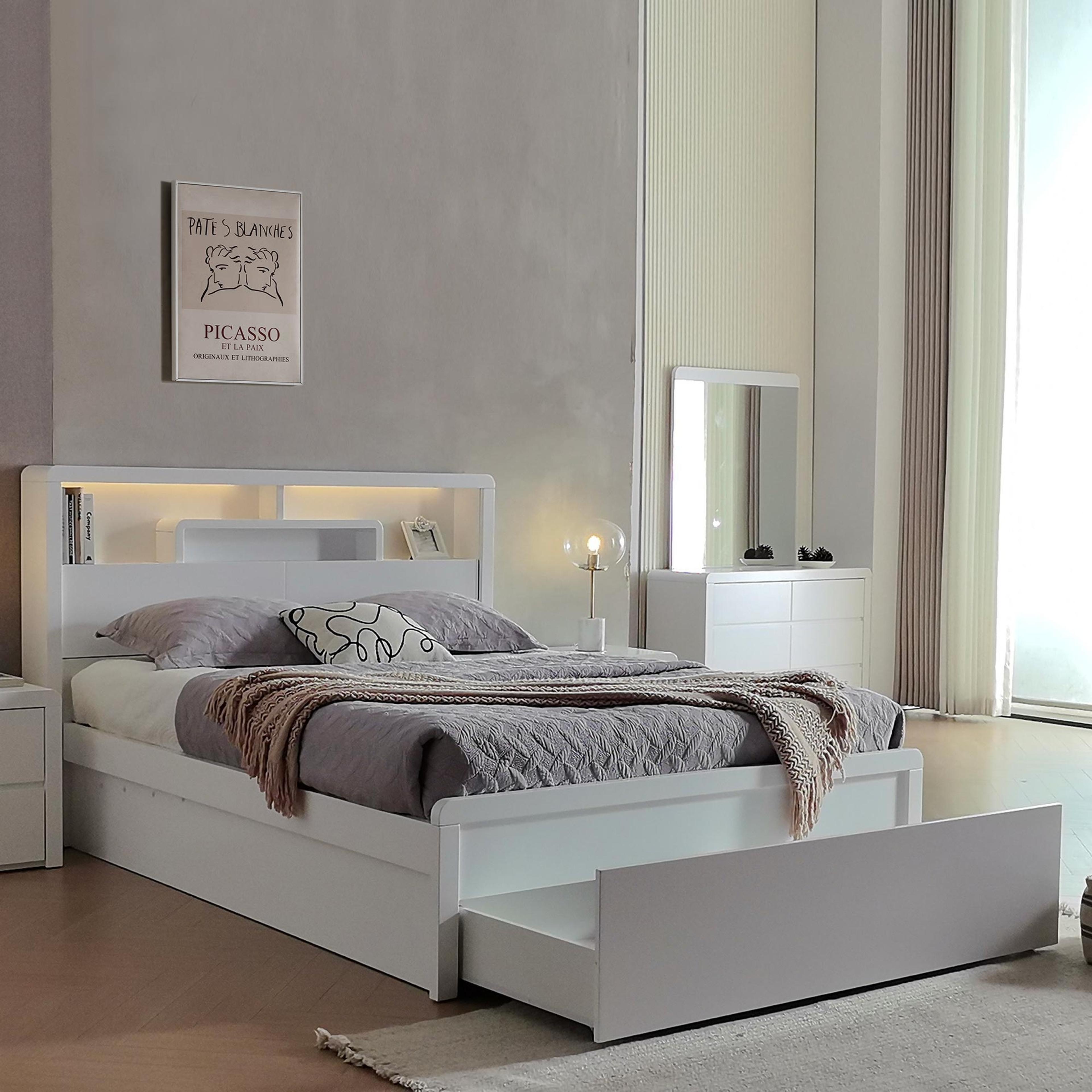 Lifestyle image of the  Aria Bed Frame, Front Slat Gas Lift & End Drawer Base, Ivory White from Forty Winks