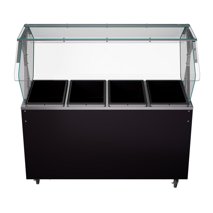 60-inch 120-volt four-well 2-Series deluxe hot-food station with walnut woodgrain base, storage compartment and buffet-style breath guard