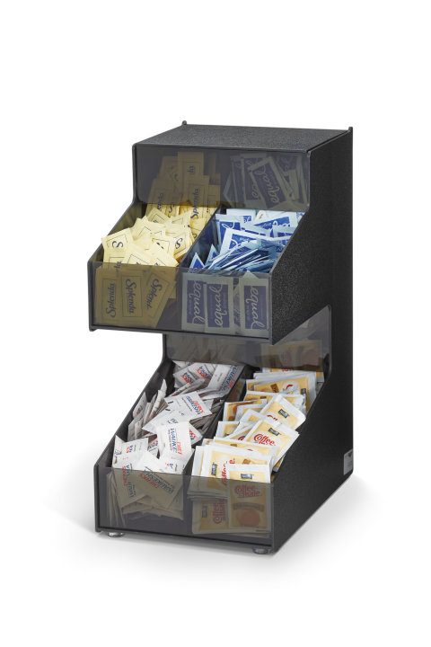 Four-compartment countertop gravity-fed packaged condiment organizer
