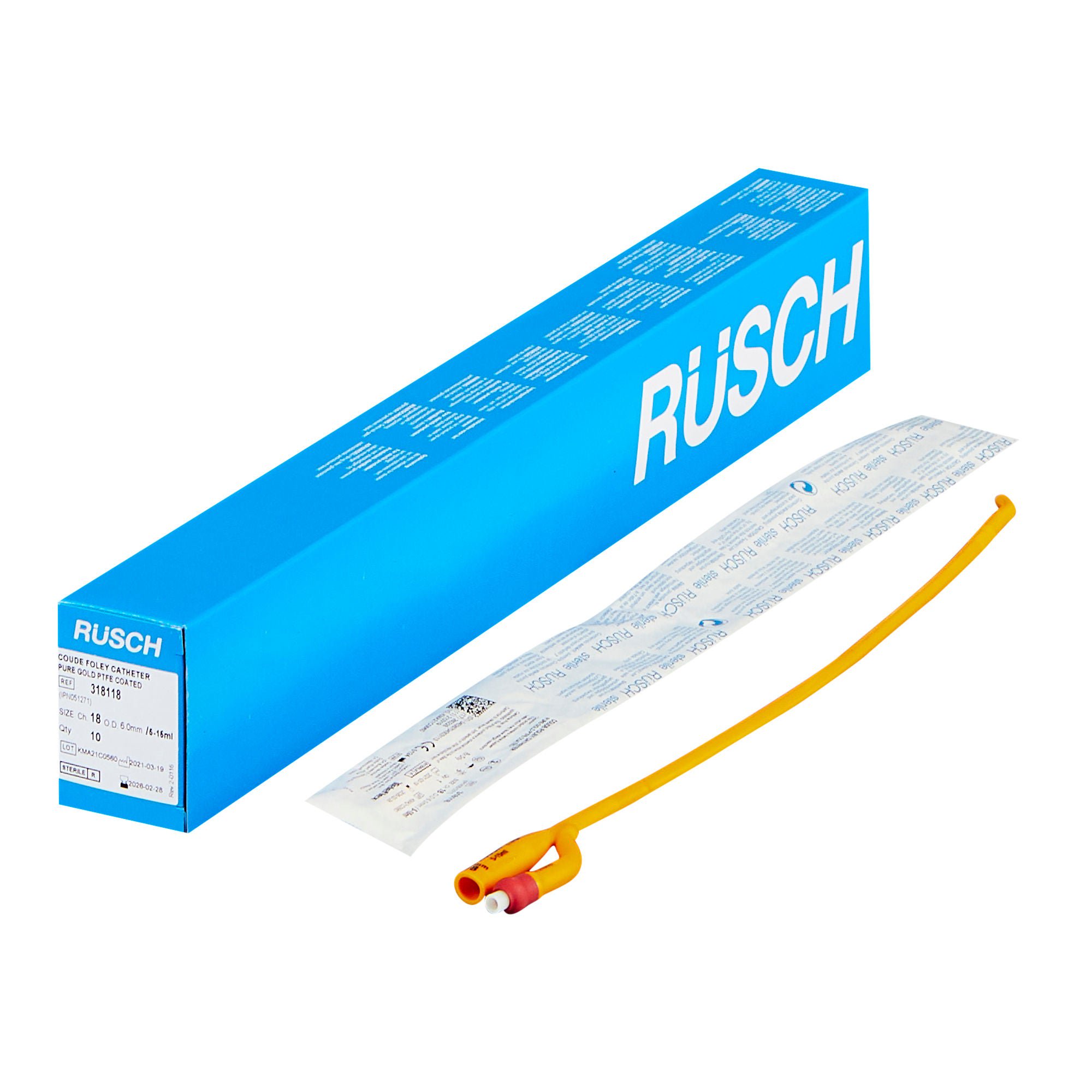 Rüsch® PureGold® Foley Catheter, 18 Fr., 5 cc, Coudé Tip