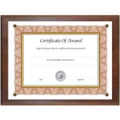 Award-A-Plaque Document Holder, Walnut, For 8.5x11 in Documents