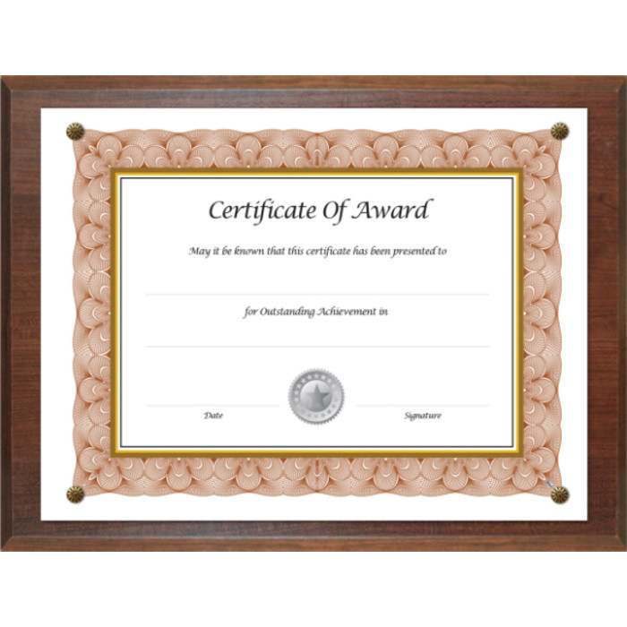 Award-A-Plaque Document Holder, Walnut, For 8.5x11 in Documents