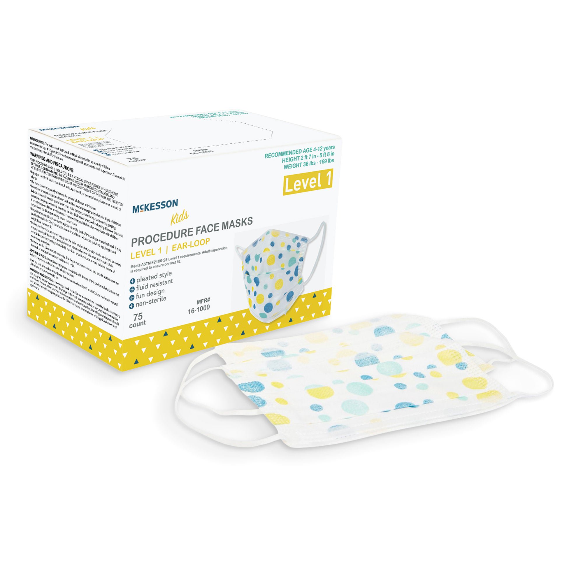 McKesson Pediatric Procedure Mask, Blue and Yellow Polka Dot