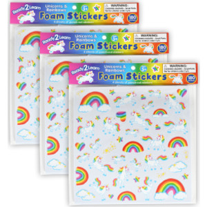 Foam Stickers - Unicorns and Rainbows - 180 Per Pack - 3 Packs