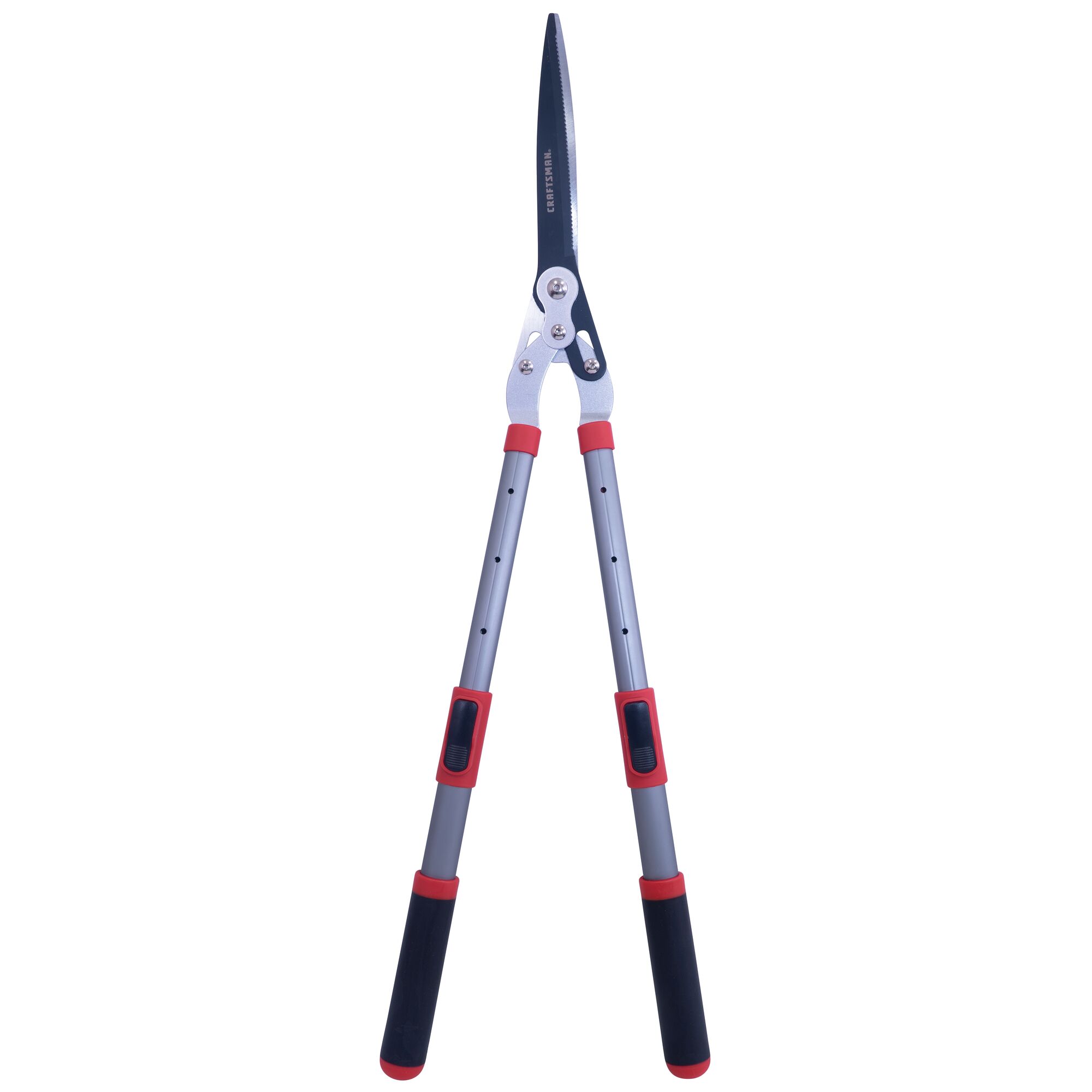 Hedge shears with compound action blade and telescoping handles.