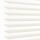 White layered zebra blinds with horizontal opaque slats and sheer panels, mounted left, covering window; slats angled to filter bright daylight into a minimally visible, softly lit interior.