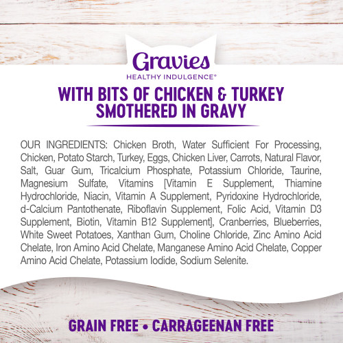 <p>Chicken Broth, Water Sufficient For Processing, Chicken, Potato Starch, Turkey, Eggs, Chicken Liver, Carrots, Natural Flavor, Salt, Guar Gum, Tricalcium Phosphate, Potassium Chloride, Taurine, Magnesium Sulfate, Vitamins [Vitamin E Supplement, Thiamine Hydrochloride, Niacin, Vitamin A Supplement, Pyridoxine Hydrochloride, d-Calcium Pantothenate, Riboflavin Supplement, Folic Acid, Vitamin D3 Supplement, Biotin, Vitamin B12 Supplement], Cranberries, Blueberries, White Sweet Potatoes, Xanthan Gum, Choline Chloride, Zinc Amino Acid Chelate, Iron Amino Acid Chelate, Manganese Amino Acid Chelate, Copper Amino Acid Chelate, Potassium Iodide, Sodium Selenite.</p>
