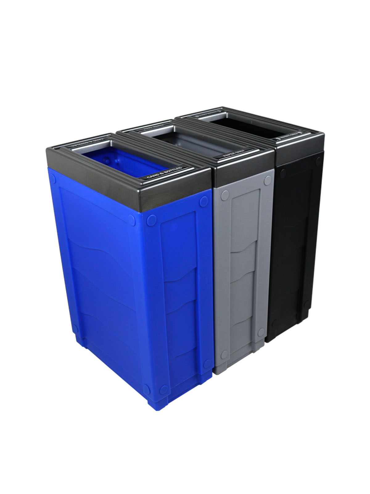 EVOLVE – Triple – Kit – Cans & Bottles-Paper-Waste – Full – Blue-Grey-Black