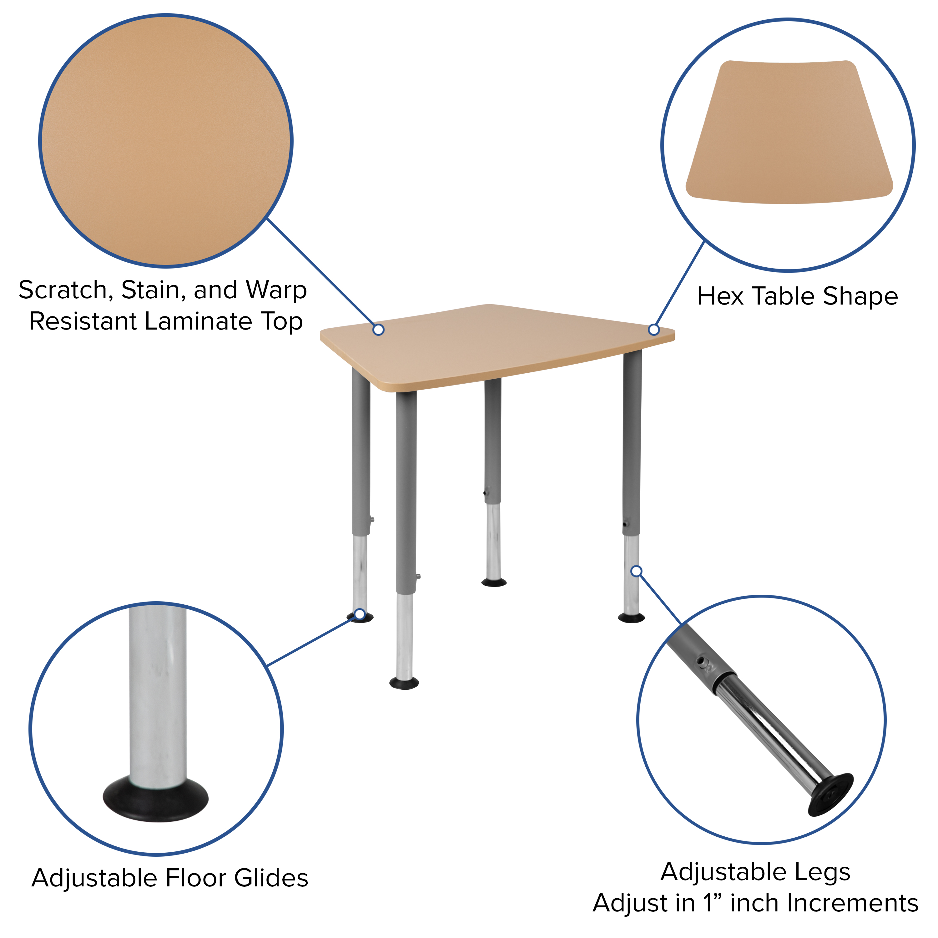 Billie Hex Natural Collaborative Student Desk (Adjustable from 22.3" to 34") ...